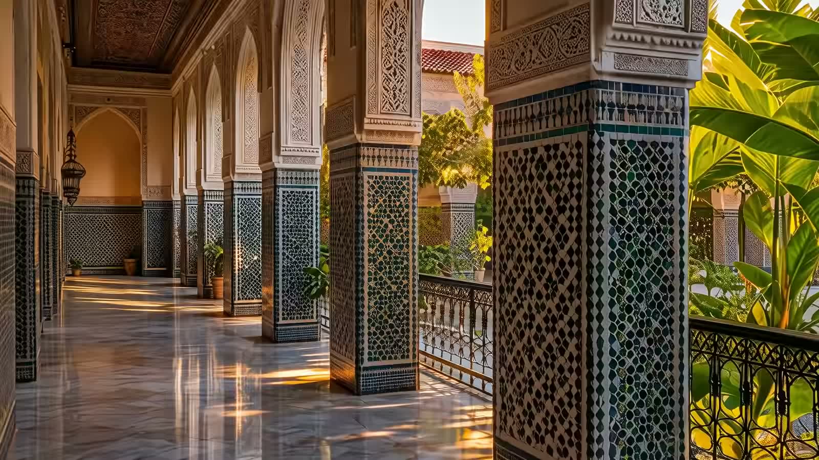 Galerie à arcades d'un riad, colonnes en zellige et soleil de fin d'après-midi