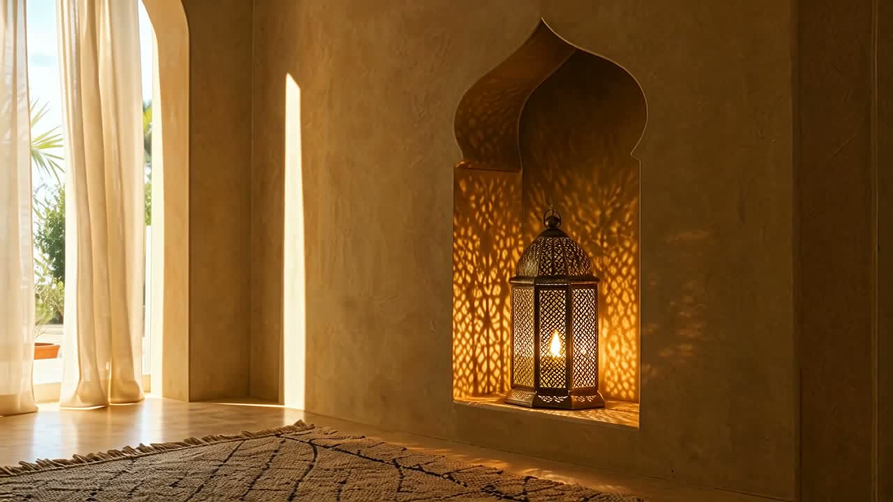 Lanterne marocaine allumée dans une niche en tadelakt