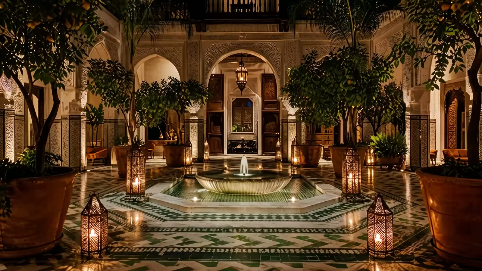 Cour de riad la nuit, fontaine en zellige et lanternes allumées
